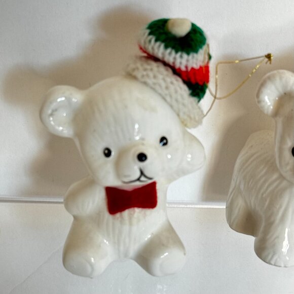 Vtg Snow Bear Ornaments 4 Porcelain Bears Knit Hats Bows Christmas Around the - Picture 5 of 16
